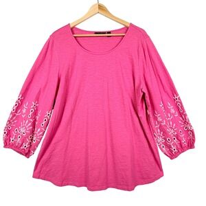 Susan Graver XL Pink Slub Knit Eyelet Embroidered Puff Sleeve Tunic Top Office